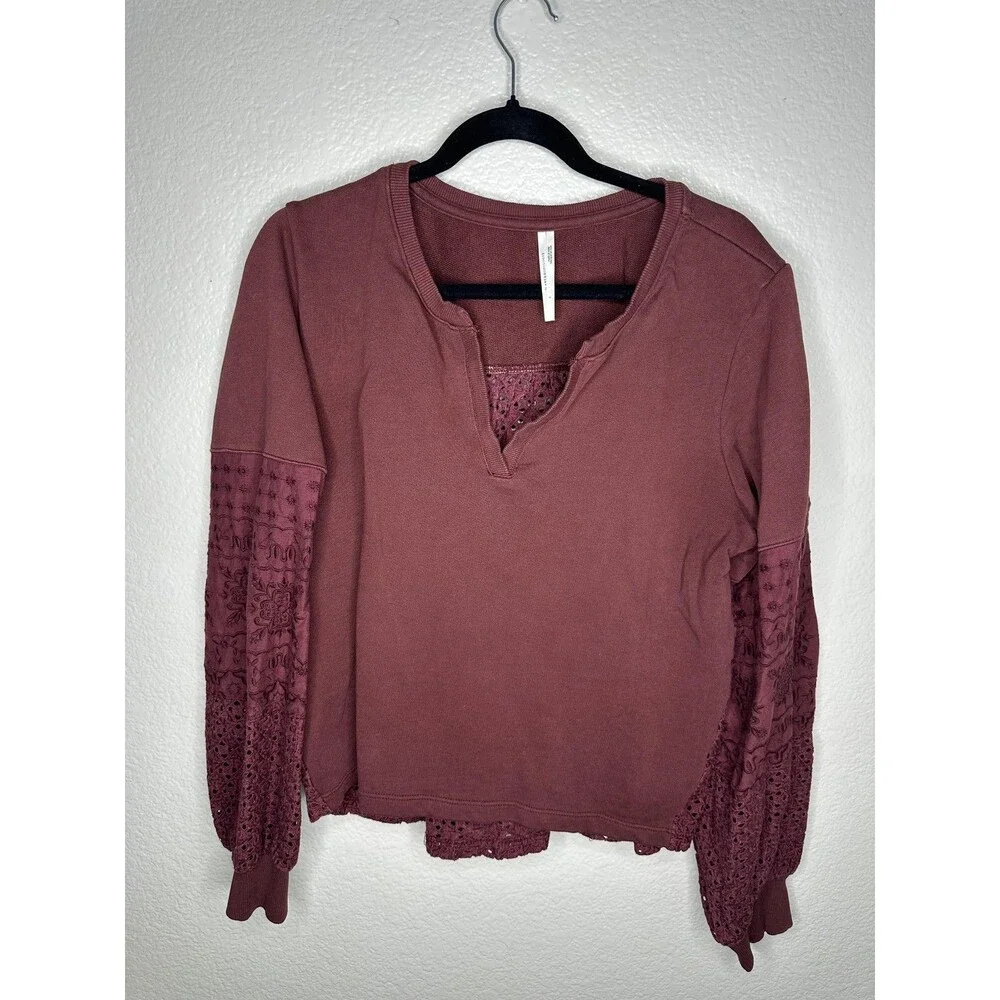 Anthropologie Blouse Womens Large Pink Crochet Embroidered Balloon Sleeve Top